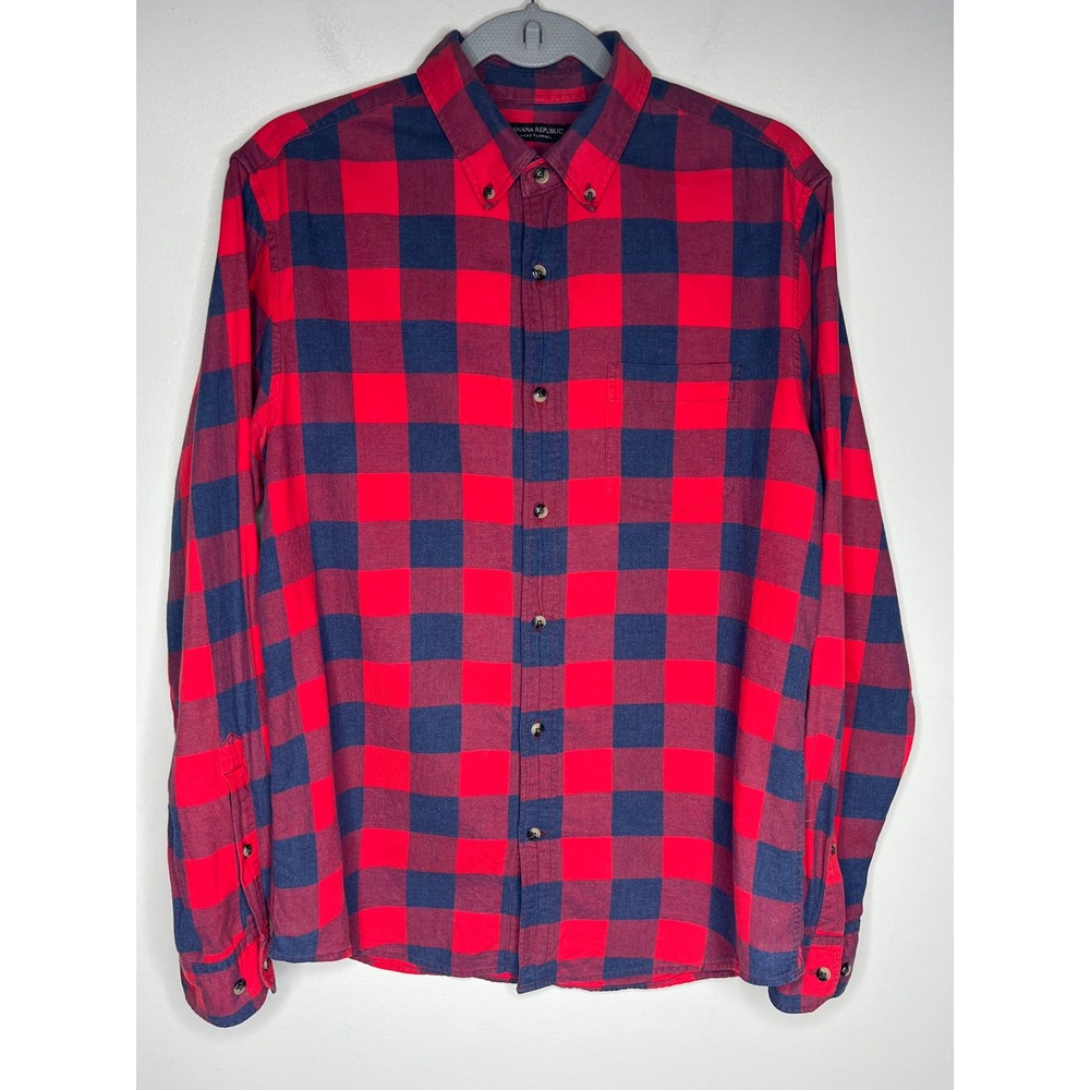 Banana Republic Luxe Flannel Shirt Mens Medium Camden Fit Red Navy Buffalo Check